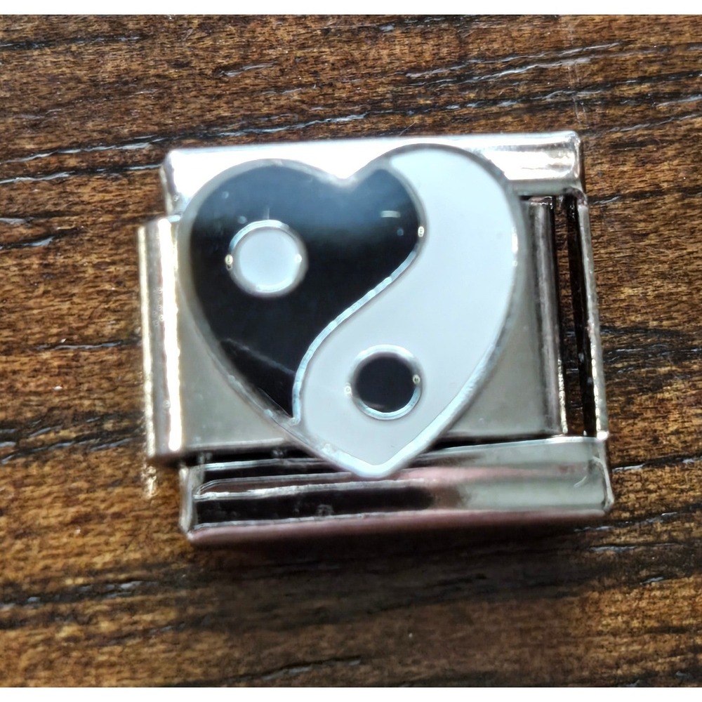 Yin Yang Heart Italian Charm Stainless Steel 9mm Link Bracelet Jewelry Blk White
